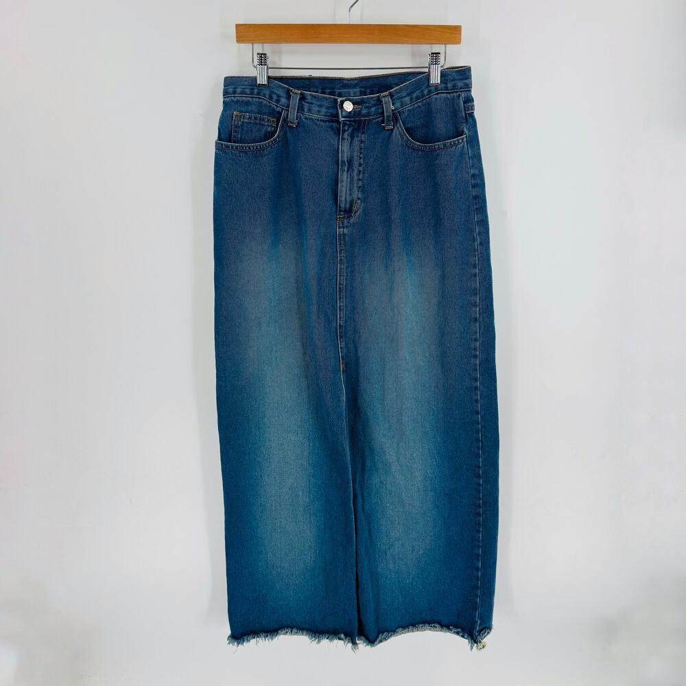 Vintage Navi Denim Maxi Skirt L High Waist 100% Cotton‎ USA Made Back Slit Long